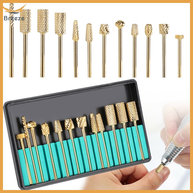 Set 12 Mũi Khoan Móng Tay Bằng Cacbua Màu Vàng Kim Tự Nhiên