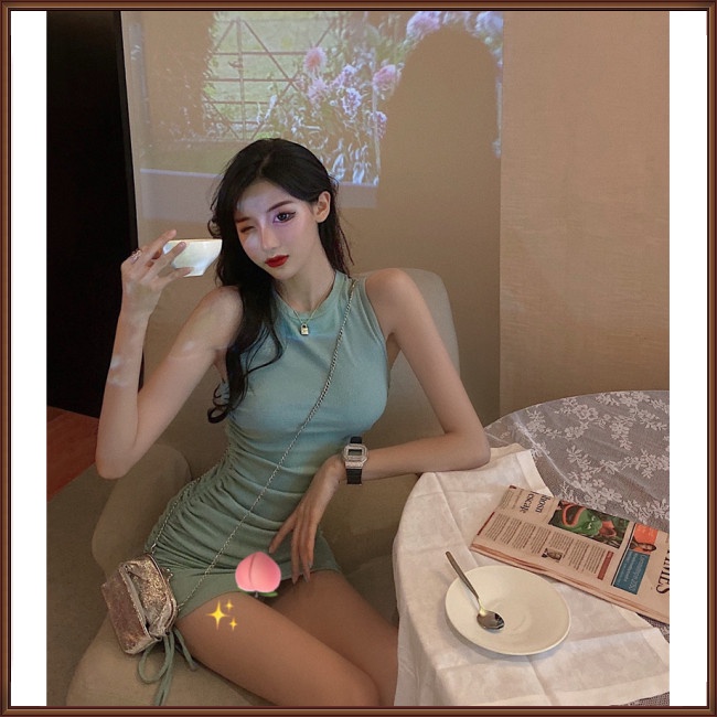 Đầm Ngắn Không Tay Cổ Tròn Màu Sắc Đơn Giản Cho Nữ