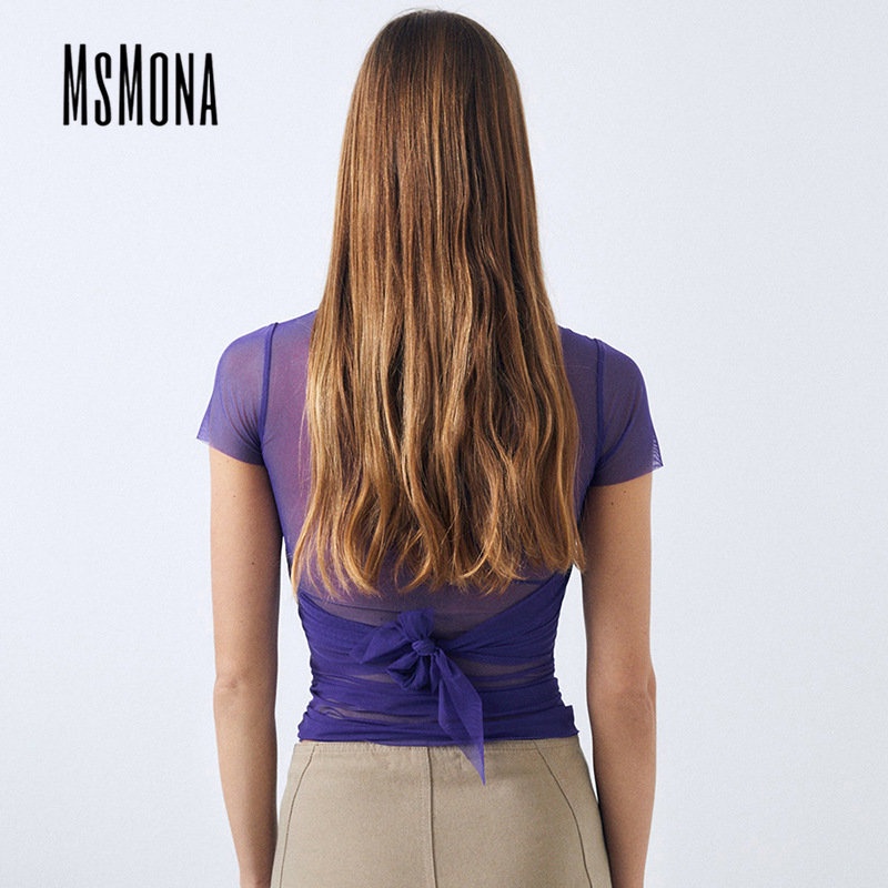 Áo Thun Tay Ngắn Cổ Chữ V Màu Trơn Phối Lưới Thời Trang 2023 Quyến Rũ Cho Nữ