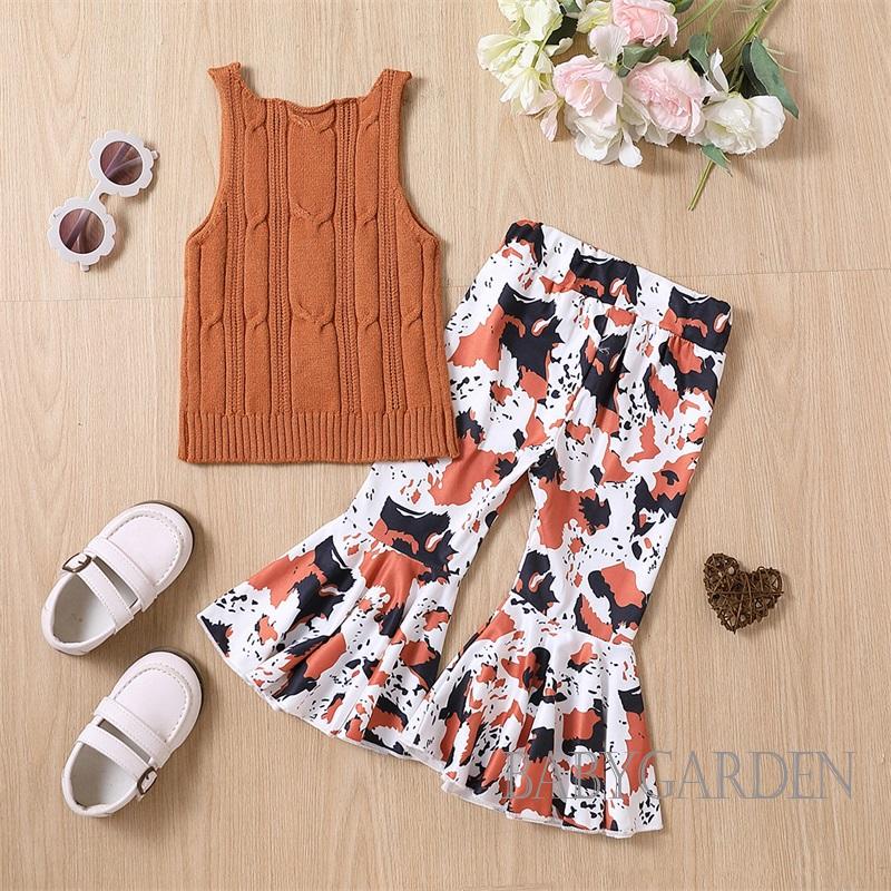 Set Đồ Mùa Hè 2 Món Gồm Áo Tank Top + Quần Ống Loe Co Giãn In Họa Tiết Bò Sữa Cho Bé Gái 2-7 Tuổi