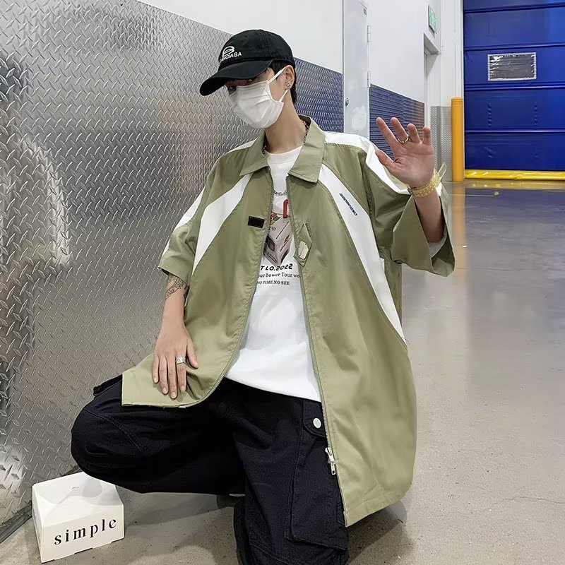 Áo Sơ Mi Tay Ngắn Có Khóa Kéo Màu Trắng Đen Phong Cách Đường Phố Cho Nam