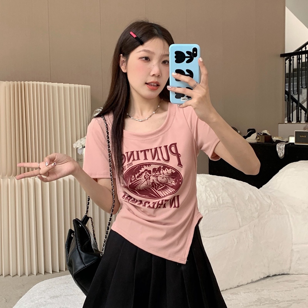 Áo Thun Tay Ngắn Dáng Ôm In Họa Tiết Phong Cách Cổ Điển Thời Trang Mùa Hè Mới