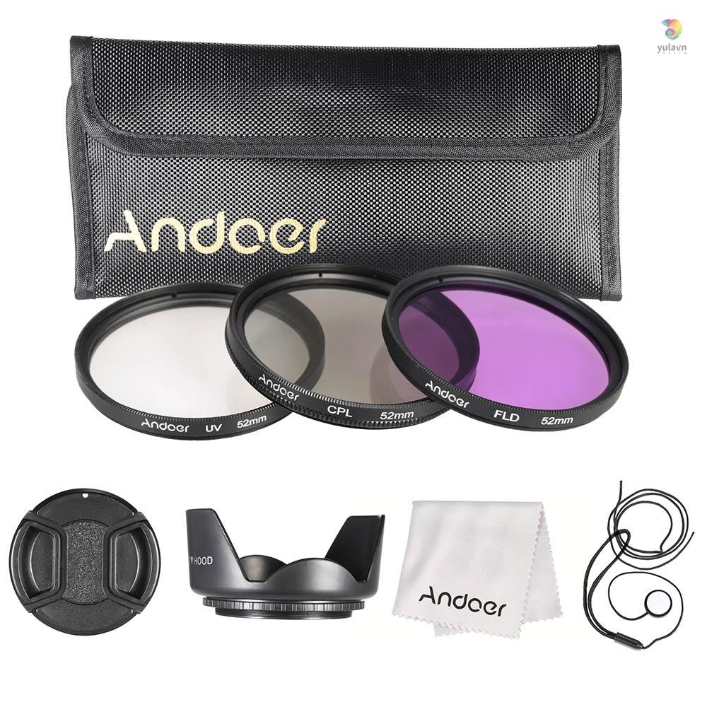 Bộ Lọc Andoer 52mm (UV + CPL) + Túi Đựng Kính + Nắp Ống Kính + Loa Che Nắng + Khăn Lau Ống Kính