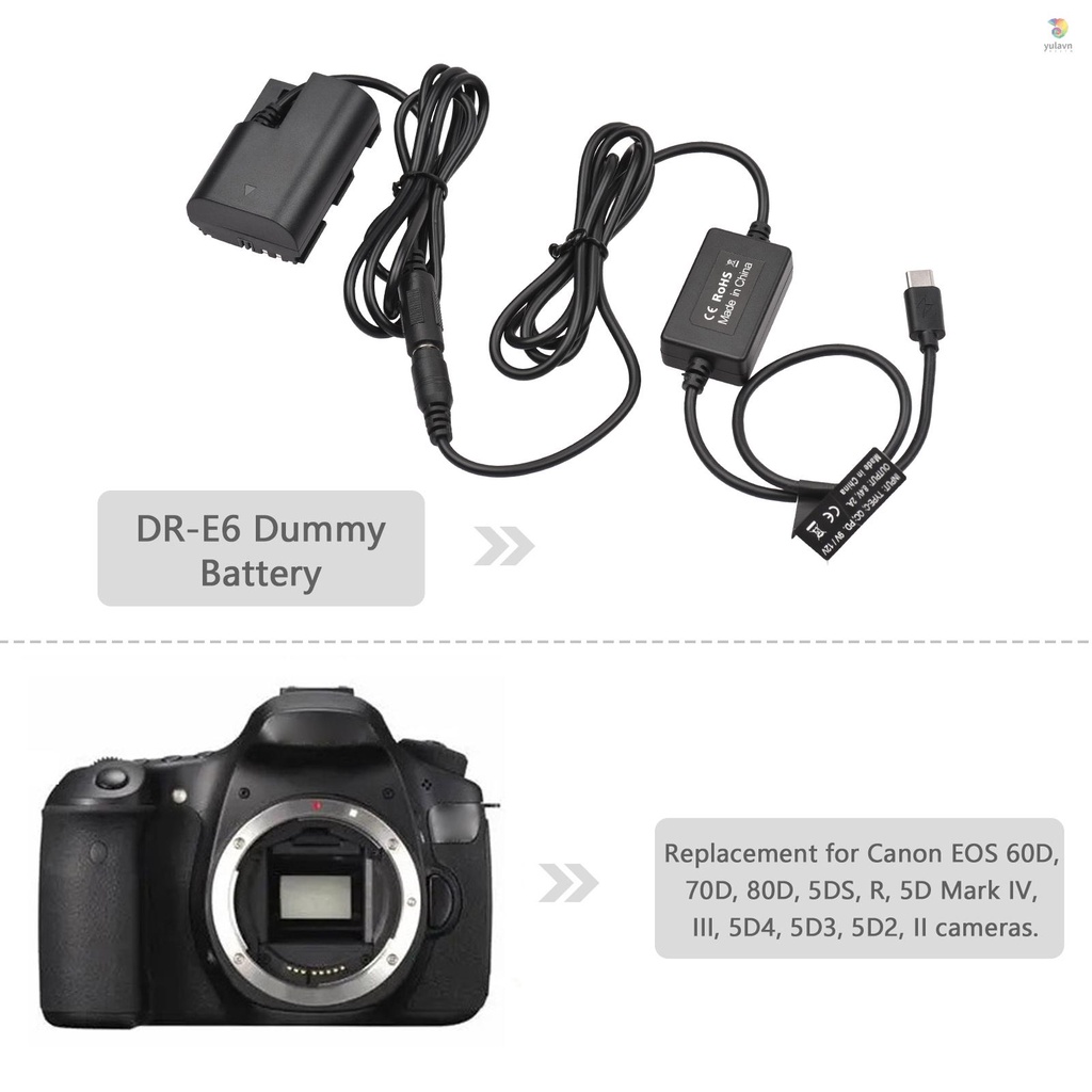 Dây Cáp PD USB Loại C DR-E6 DC LP-E6N Thay Thế Cho EOS 60D 70D 80D 5DS R 5D Mark IV III 5D4 5D3 5D2 II