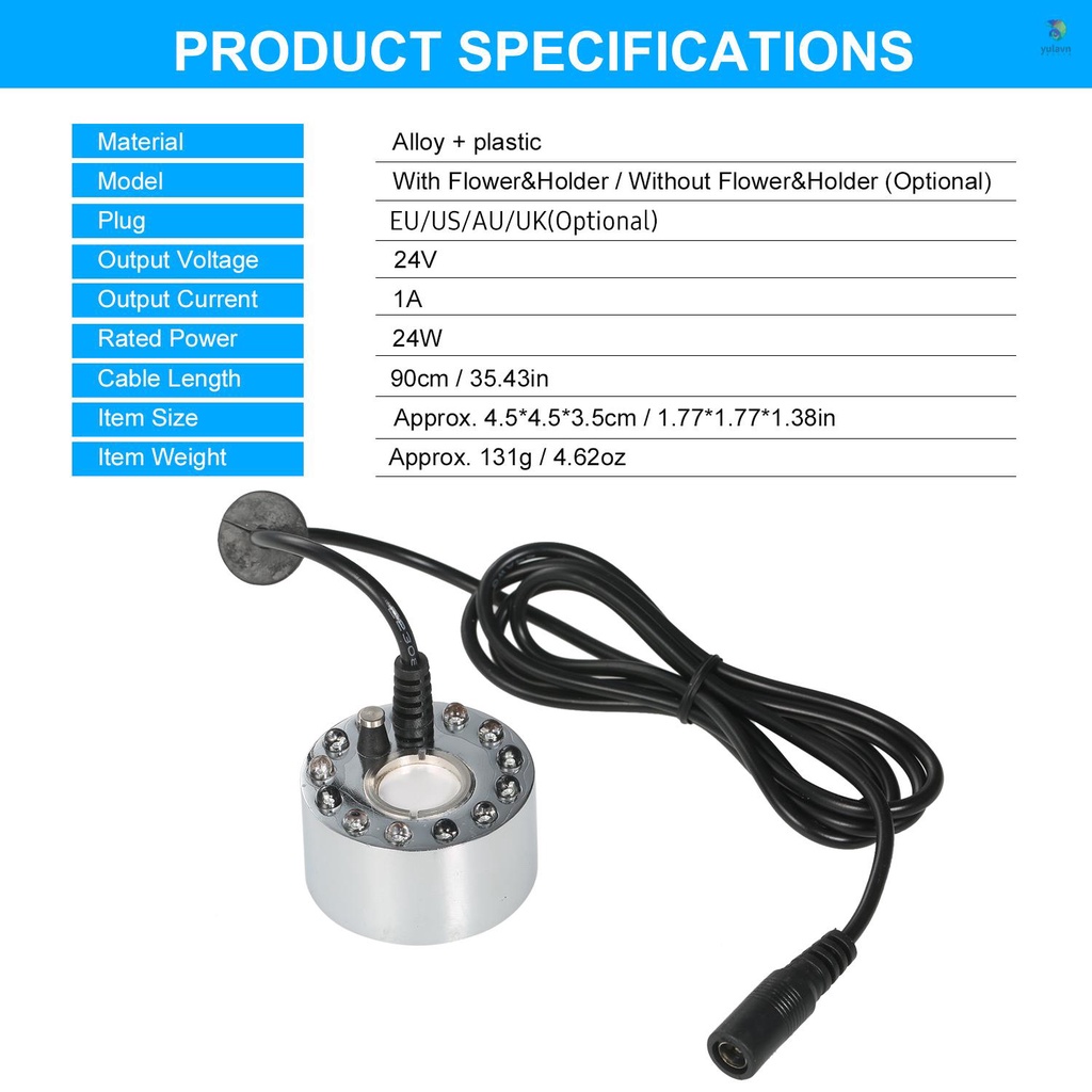 Máy Phun Sương Tạo Bọt Khí Siêu Âm 24V 24W Với 12 Đèn LED Và Giá Đỡ Sương Mù Cho Bể Cá Cảnh Phích Cắm US