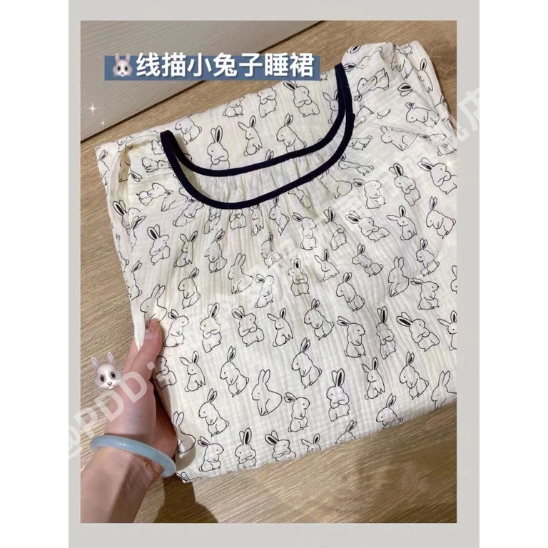 Đầm Ngủ Tay Lỡ 5 / 4 Cổ Tròn In Họa Tiết Thỏ Nhỏ Xinh Ngọt Ngào Thời Trang Mùa Hè Cho Nữ