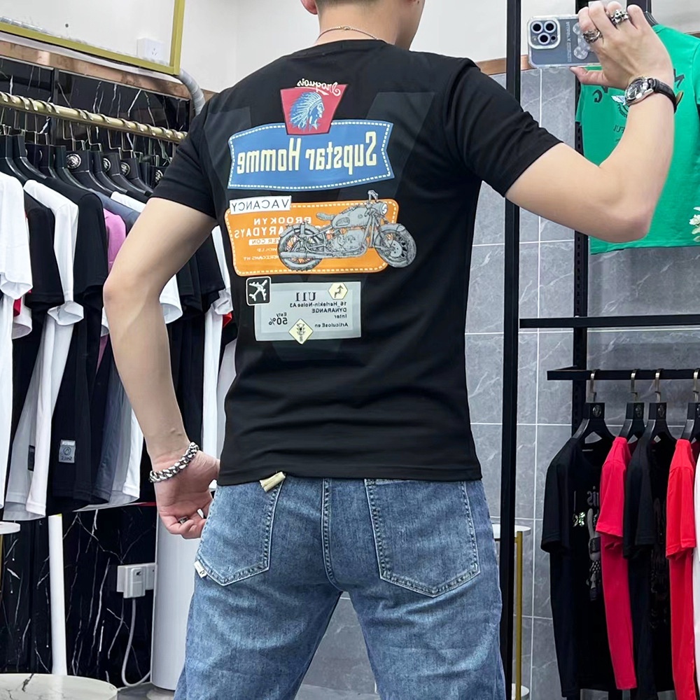 Áo Thun Tay Ngắn Cổ Tròn Dáng Ôm Thêu Họa Tiết Xe Mô Tô Phong Cách Châu Âu Thời Trang Mùa Hè Cho Nam