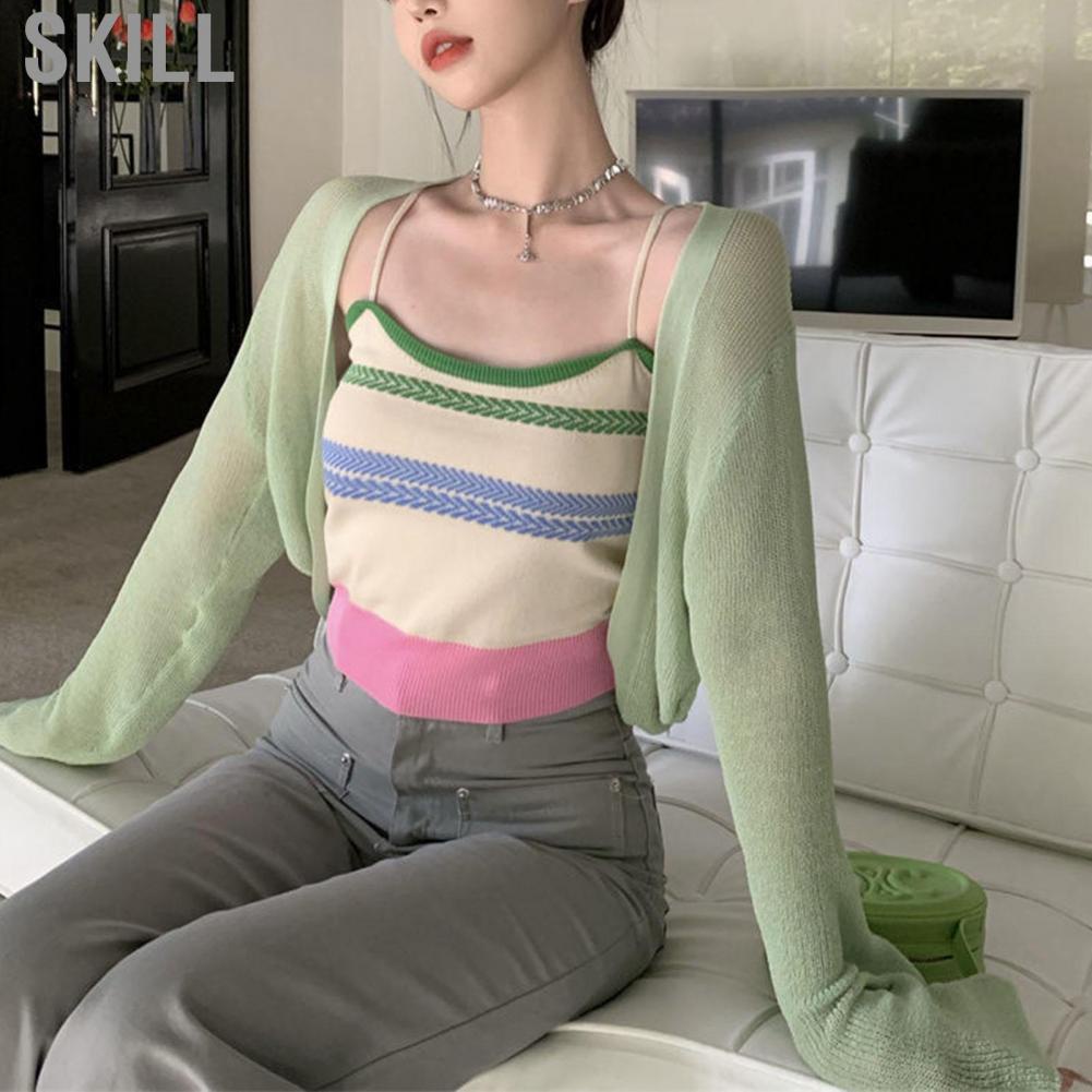 Skill Spaghetti Straps Tank Top  Colorful Stripes Summer Knitted Moisture Absorbing Stylish for Dating