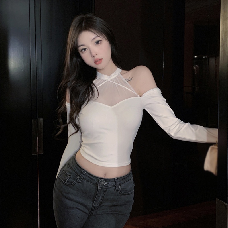 Áo Thun Màu Sắc Đơn Giản Phối Lưới Ôm Dáng Thời Trang Cho Nữ