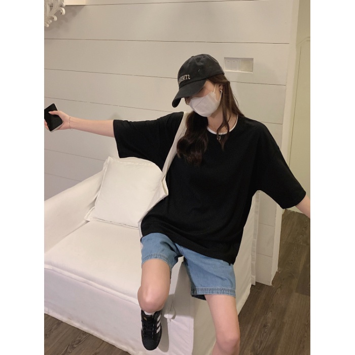 Áo Thun Tay Ngắn Dáng Rộng Phối Màu Tương Phản Thời Trang Mùa Hè Mới Cho Nữ