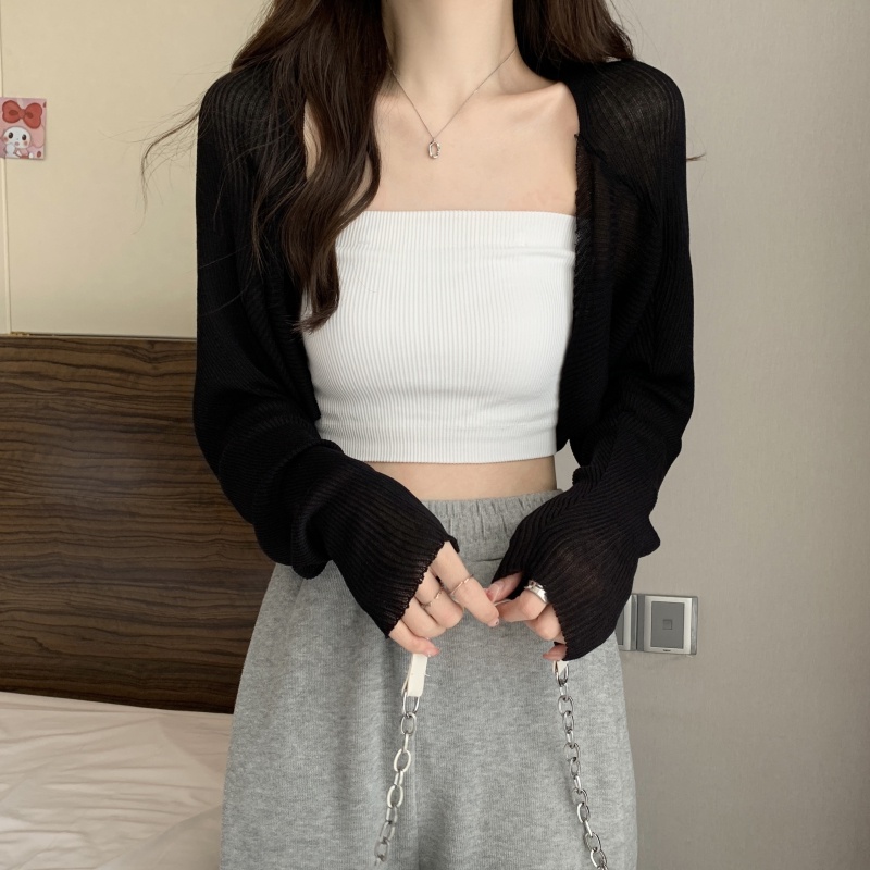 Áo Khoác Cardigan Dệt Kim Tay Ngắn Màu Trơn Chống Nắng Thiết Kế Mới Thời Trang