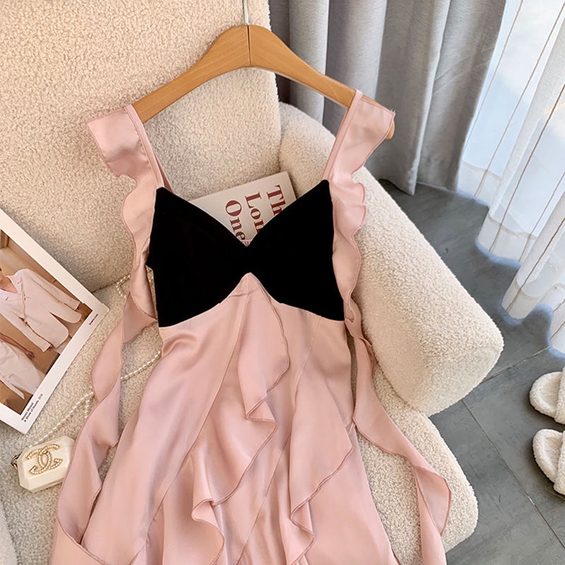 [Đầm Hai Dây Dáng Dài Hẹp Eo Cao Thiết Kế Nghệ Thuật Kiểu Pháp Màu Đen / Hồng