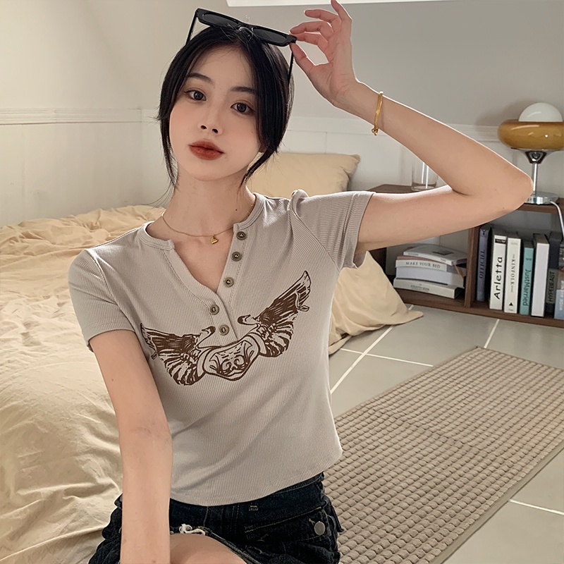 Áo Thun Ngắn Tay Cổ Chữ V In Họa Tiết Thời Trang Mùa Hè Hàn Quốc 2023
