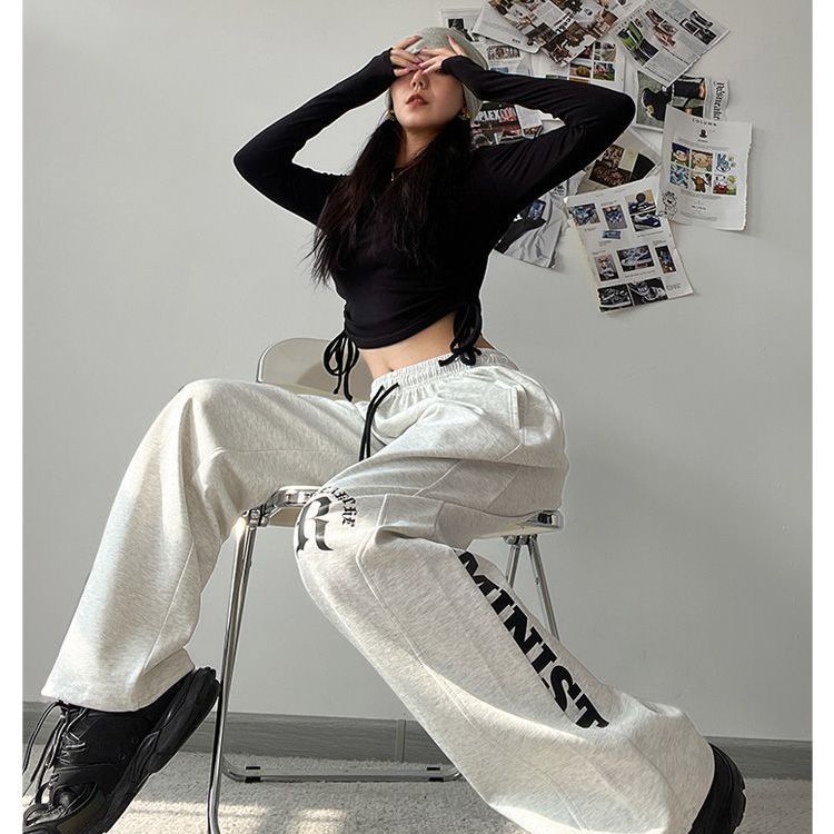 Jiashucheng Quần Dài Thể Thao Dáng Suông In Chữ Màu Trắng Xám Kiểu Hip-Hop Cá Tính Cho Nữ