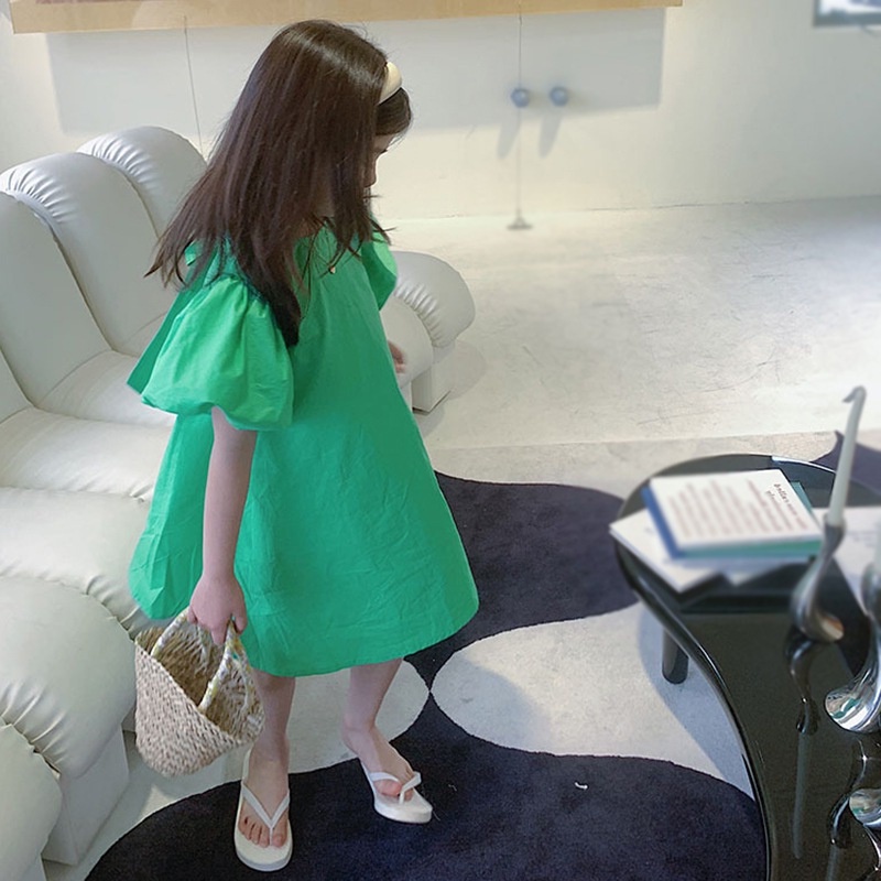 Đầm Chữ A Tay Ngắn Phồng Cổ Tròn Thắt Nơ Sau Lưng Mùa Hè Cho Bé Gái 3-8 Tuổi