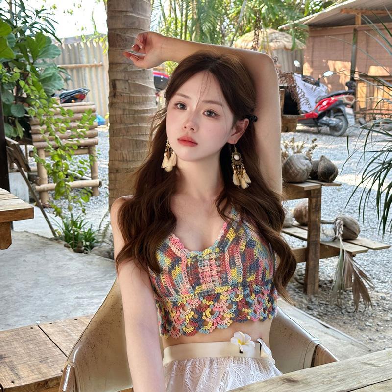 Niche Áo Hai Dây Dáng Ngắn Có Đệm Ngực Thiết Kế Nhân Vật Nhiều Màu Sắc Mặc Trong Kỳ Nghỉ