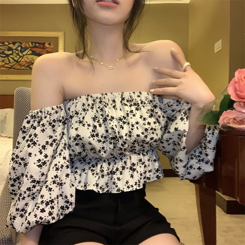 Áo Kiểu Chiffon Trễ Vai Tay Phồng In Họa Tiết Hoa Thời Trang Cho Nữ