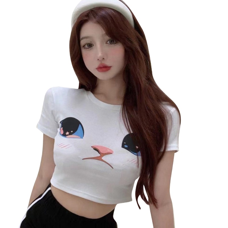 Áo Croptop Ôm Dáng Ngắn Tay Cổ Tròn In Họa Tiết Mật Ong Quyến Rũ