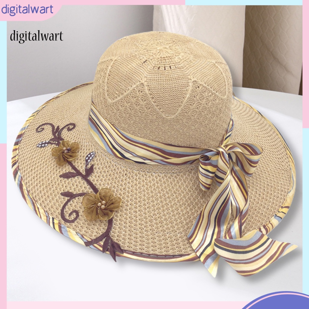Kỹ Thuật Số| Mũ Cói Rộng Vành Đính Nơ Ruy Băng Xinh Xắn Thời Trang