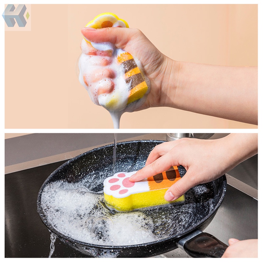 Set 3 Miếng Bọt Biển Rửa Chén Hình Dấu Chân Mèo Dễ Thương