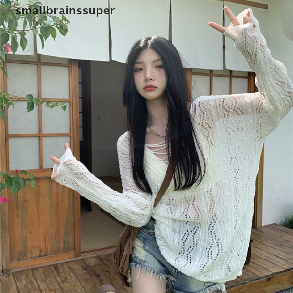 Smallbrainssuper Áo Dệt Kim Tay Dài Dáng Rộng Thoáng Khí Chống Nắng Mùa Hè SBS Cho Nữ