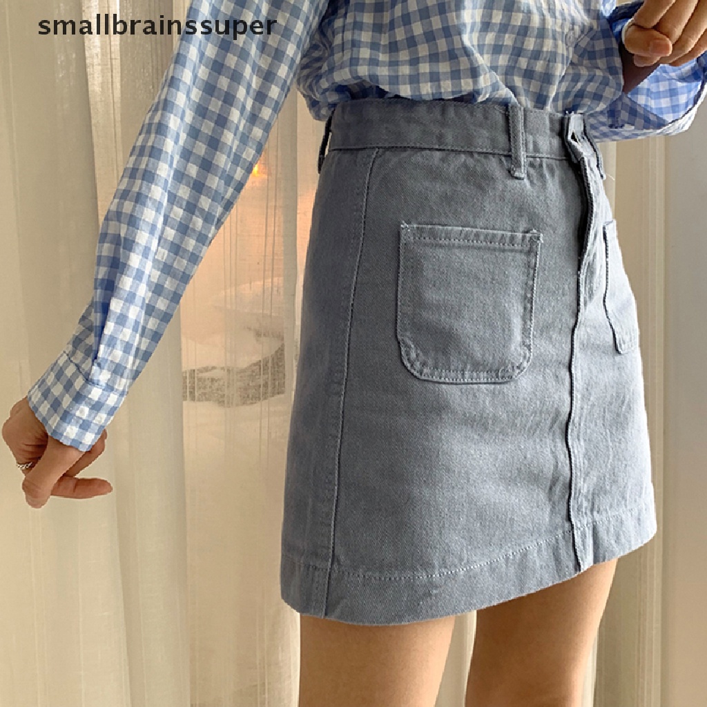 Chân Váy Denim Chữ A Mini Lưng Cao Màu Trơn Phối Túi Thời Trang Cho Nữ