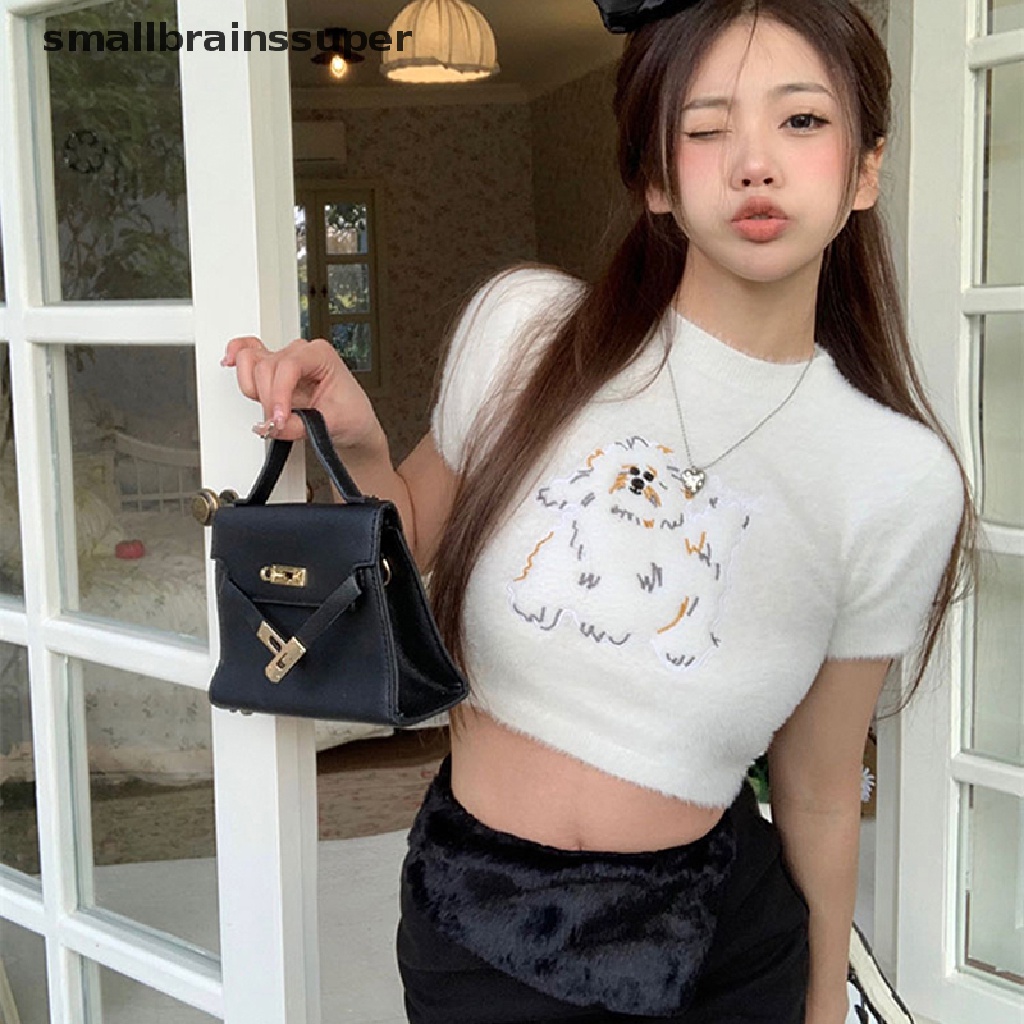 Áo Thun Croptop Dệt Kim Tay Ngắn Cổ Tròn Dáng Ôm In Hoạt Hình Thời Trang Mùa Hè Cho Nữ