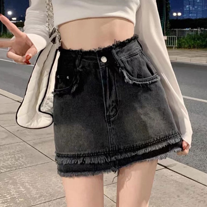 XIN LAN YA SHE Chân váy jean Cạp Cao Viền Raw Phong Cách Mỹ Mùa Hè Mới Cho Nữ