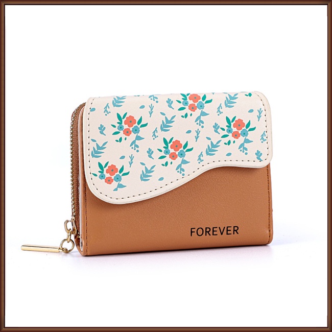 Ví Ngắn Đựng Thẻ / Tiền Xu Phối Khóa Kéo In Hoa Phối Màu Tương Phản Dễ Thương Cho Nữ