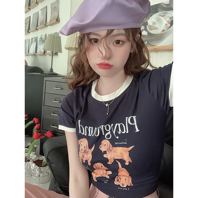 Áo Thun Ngắn Dáng Ôm In Chữ Phối Màu Tương Phản Kiểu Hàn Quốc Thời Trang Mùa Hè Cho