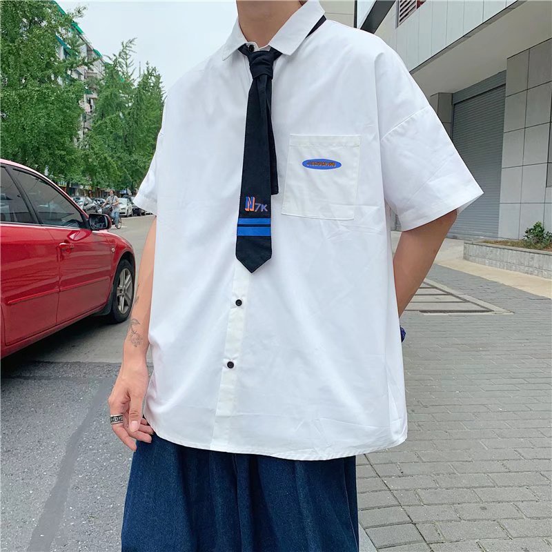 Áo Sơ Mi Tay Ngắn Màu Trơn Phong Cách Thời Trang Nhật Bản Cho Nam Giới Có size Lớn M-2XL