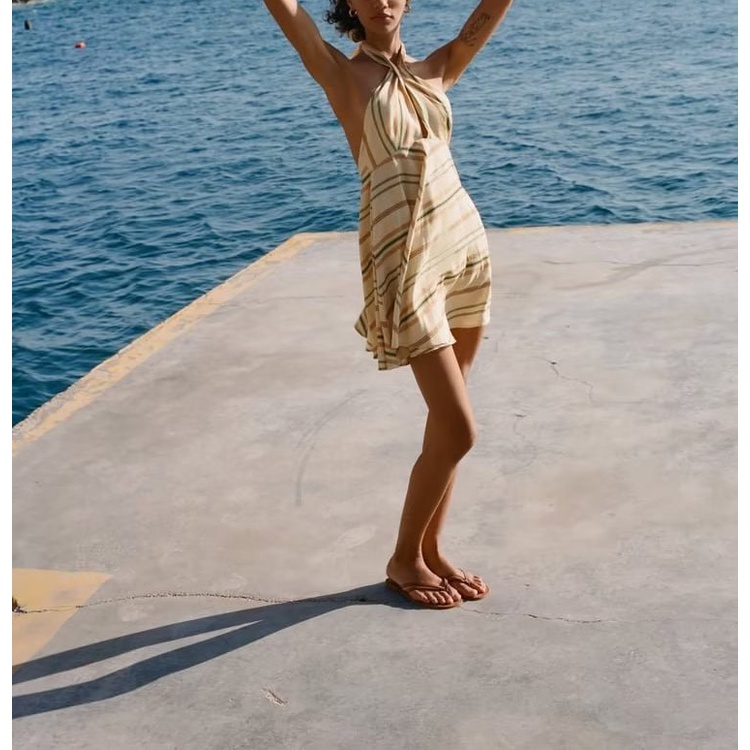 Zara Đầm Ngắn Vải Lanh Kẻ Sọc Hở Lưng Quyến Rũ Thời Trang Mùa Hè Cho Nữ 6929303