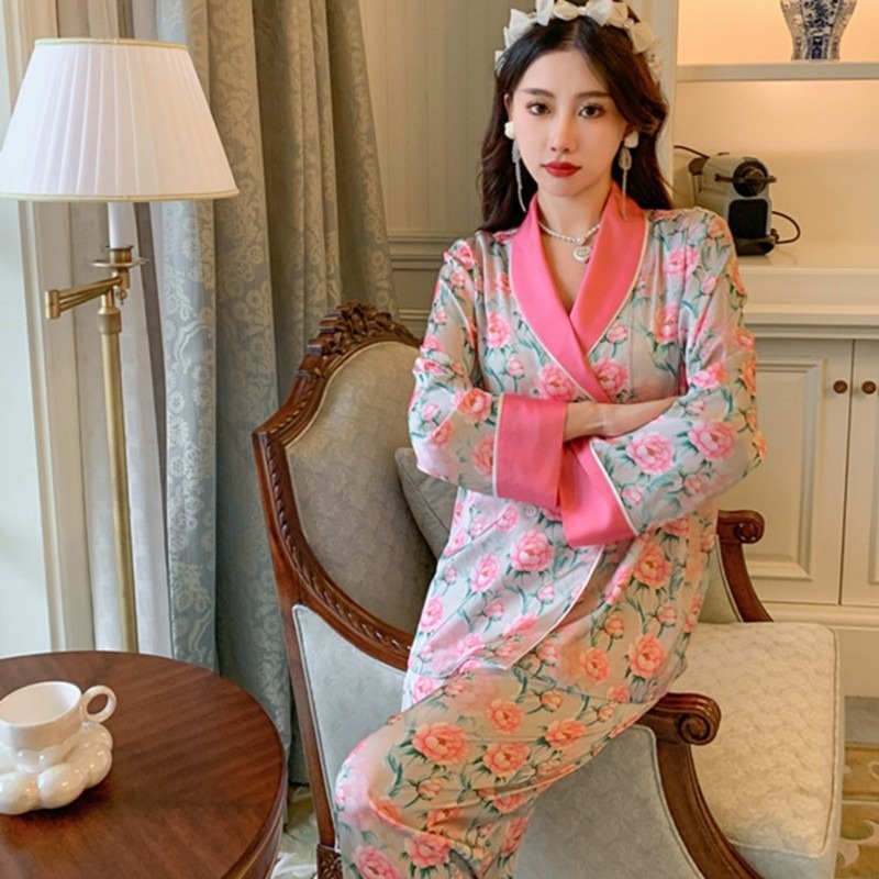 Bộ Đồ Ngủ Tay Dài Bằng Lụa Mát In Hoa Thời Trang Xuân Hè Mới 2023