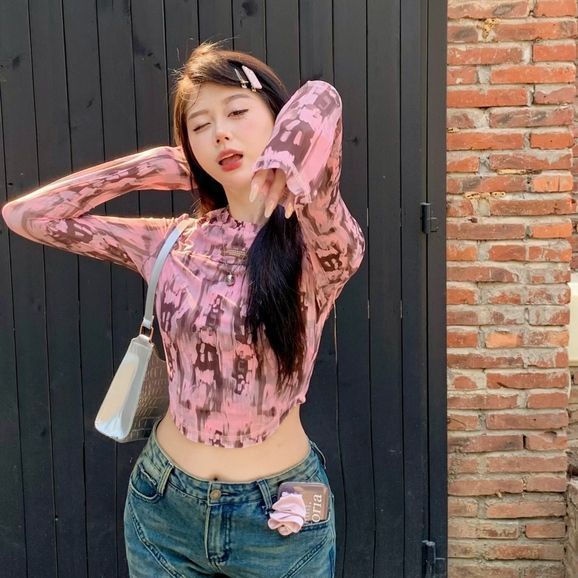 COZOK Áo Thun Tay Dài Dáng Ngắn Nhuộm Màu Thời Trang Quyến Rũ Cho Nữ