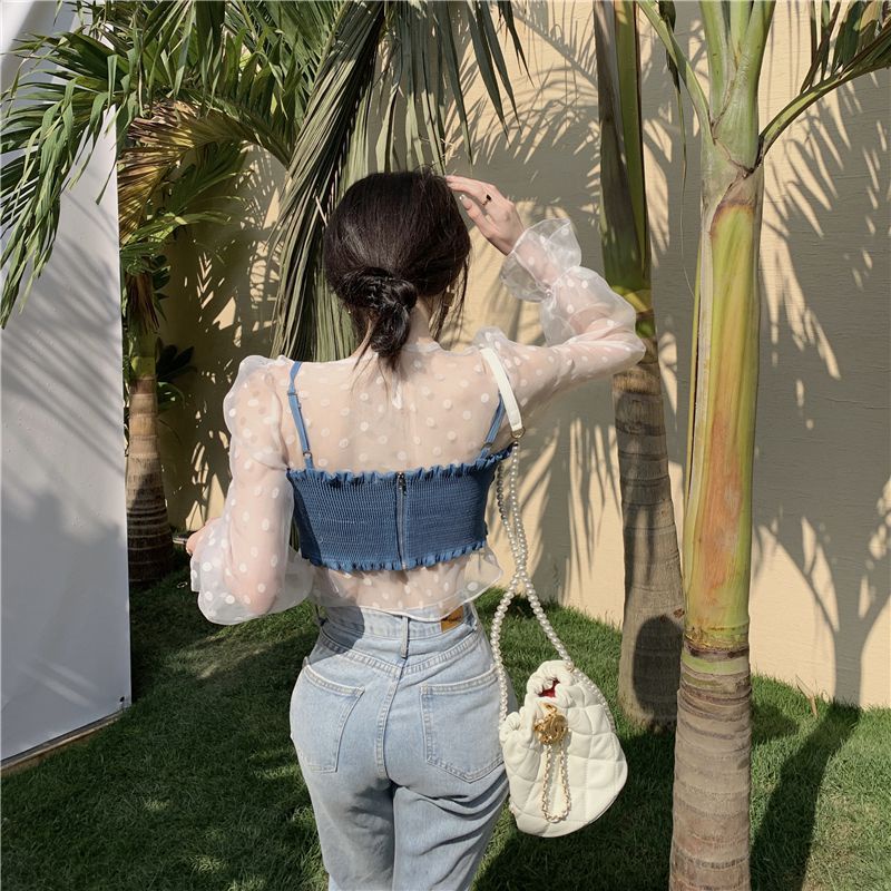 Áo Sơ Mi Tay Phồng + Áo Hai Dây Chấm Bi Bằng Vải Denim Phối Nơ Phong Cách Mới 2021 TRN5