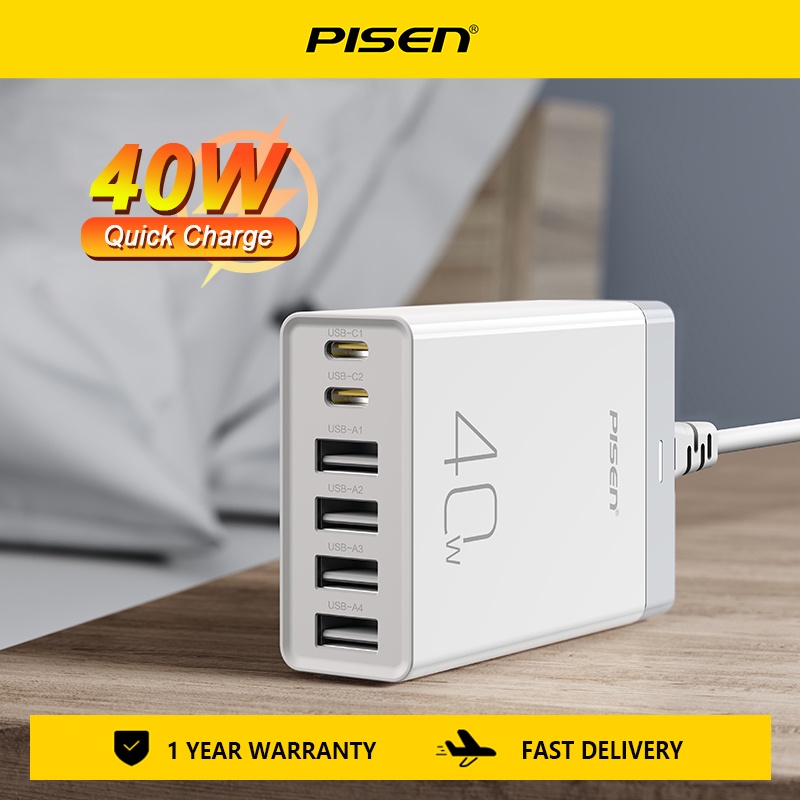 Cốc Sạc Nhanh Pisen 40W 4 Cổng USB Type-C QC 2.0 3.0 Chager Cho Máy Tính Bảng IP Laptop