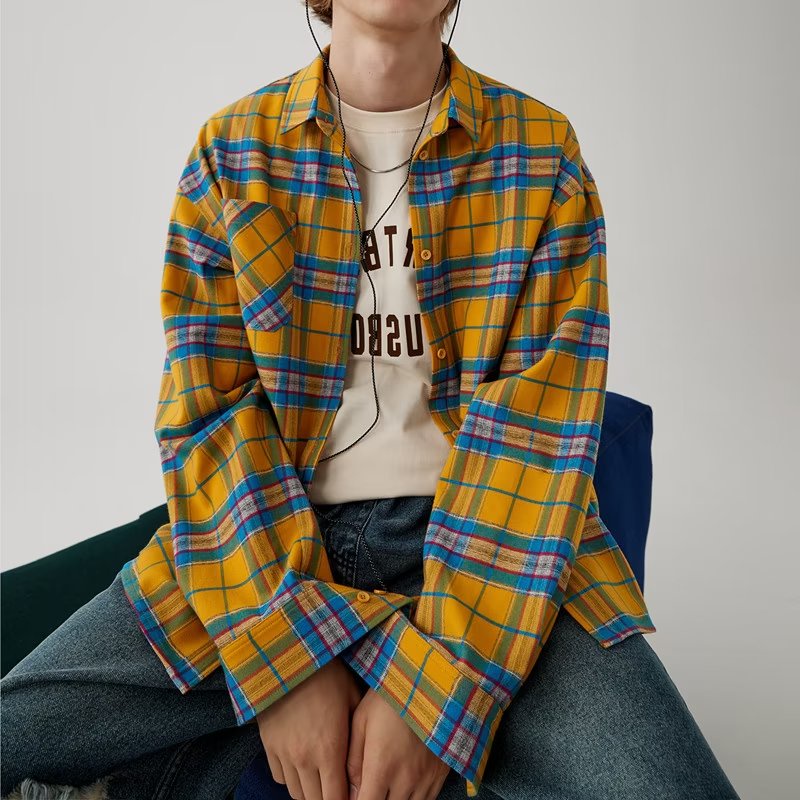 Áo Khoác Sơ Mi Caro Vàng Tay Dài Dáng Rộng Trẻ Trung Hợp Thời Trang Cho Cặp Đôi