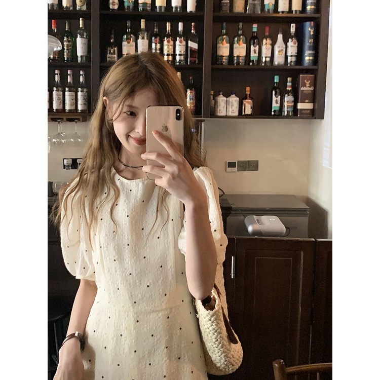 Đầm Dài Ôm Eo Tay Phồng Họa Tiết Chấm Bi Phong Cách Pháp Hepburn Thời Trang Mùa Hè Kiểu Mới Cho Nữ