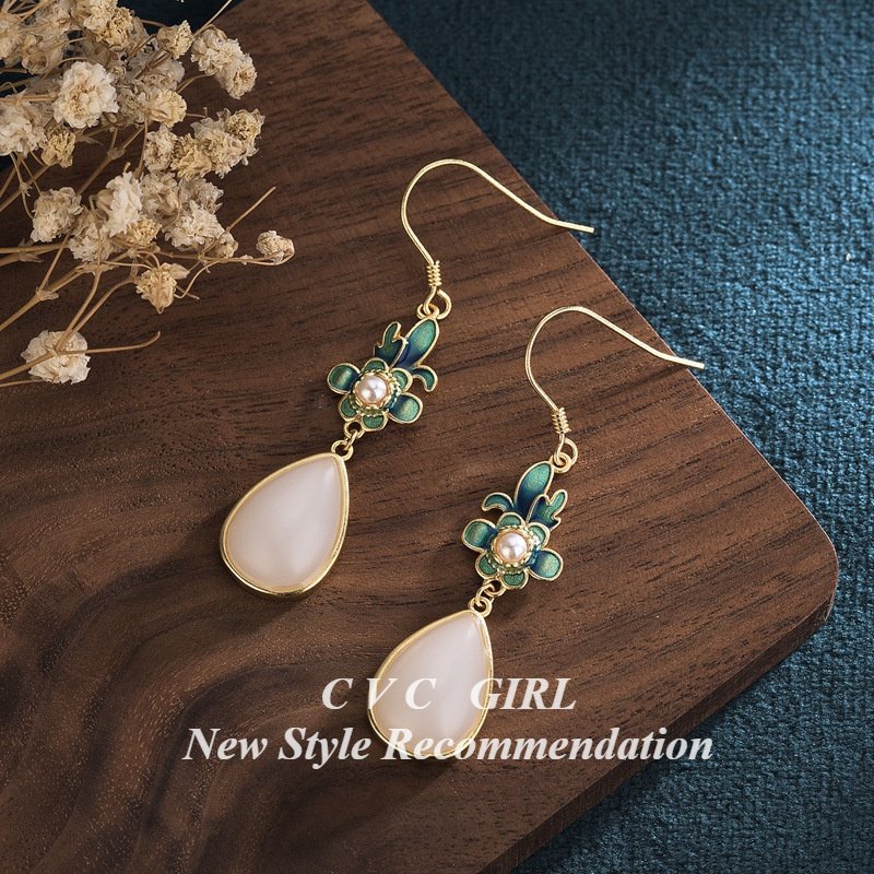 Bông Tai Ngọc Bích Tráng Men Vẽ Họa Tiết Phong Cách Trung Hoa Sang Trọng Cho Nữ