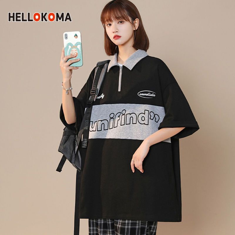 Áo Thun polo Dáng Rộng Tay Lửng Có Khóa Kéo Nửa Vai Phong Cách Retro Nhật Bản Thời Trang Mùa Hè Mới