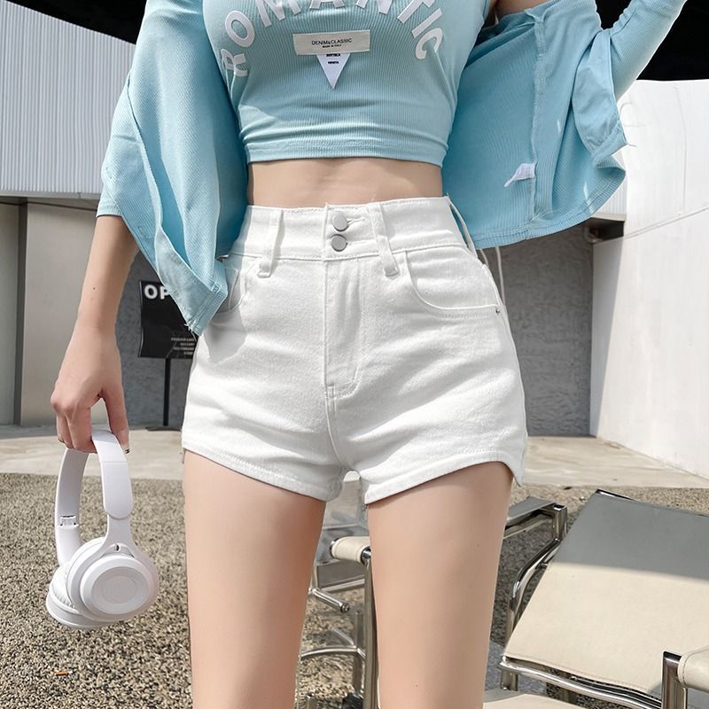 Hàng Có Sẵn Quần Short Denim Ngắn Lưng Cao Dáng Ôm Thiết Kế Hai Nút Bất Đối Xứng Màu Trắng Siêu Ngắn Je