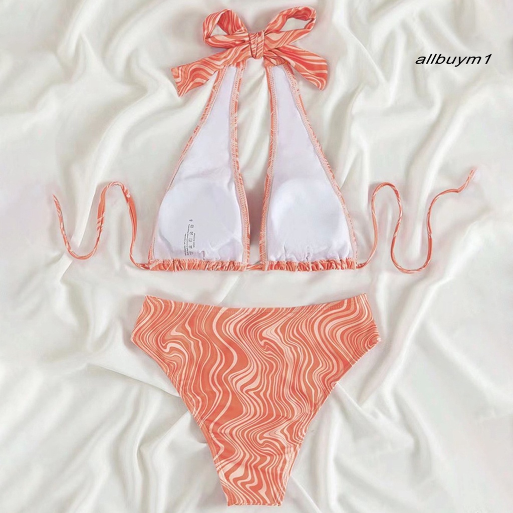 Bộ Đồ Bơi 2 Mảnh Gồm Áo Không Tay Cổ Khoét Sâu In Họa Tiết Gợn Sóng Nước Và Quần Lưng Cao Có Đệm Ngực Dành Cho Nữ