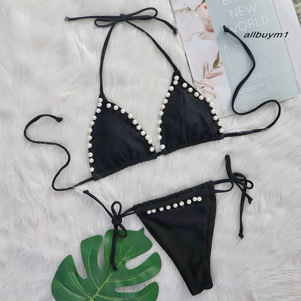 1 Bộ Đồ Bơi Hai Dây Bằng Polyester Đính Ngọc Trai Nhân Tạo Độ Co Giãn Cao Thoáng Khí Kèm Dây Đeo Thời Trang Cho Nữ
