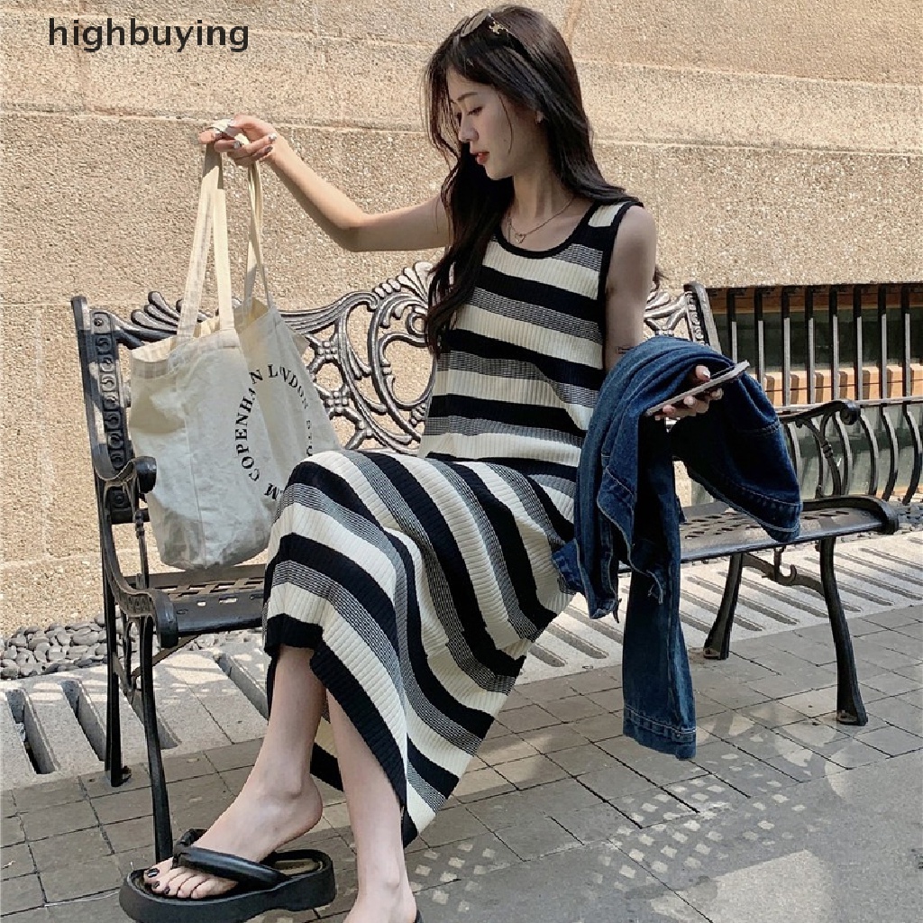 Đầm Maxi Cổ Tròn Không Tay Họa Tiết Kẻ Sọc Thời Trang Mùa Hè Cho Nữ