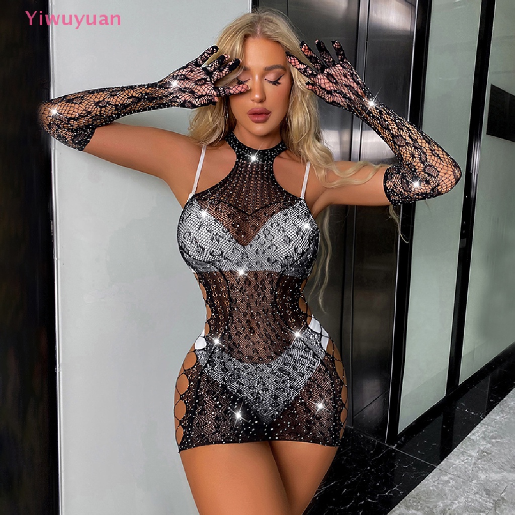 < Yiwuyuan > Bodysuit Lưới In Họa Tiết Da Báo Quyến Rũ Có Tay Áo Đính Đá Nóng Bỏng Cho Nữ