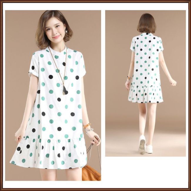 Đầm Dáng Chữ A Tay Ngắn Cổ Đứng Nhún Bèo Họa Tiết Chấm Bi Dễ Thương