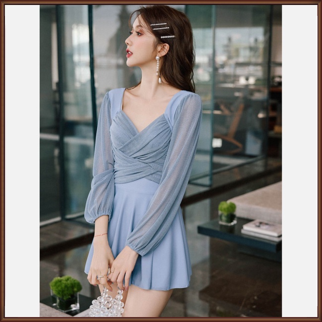 Bộ Đồ Bơi Một Mảnh Tay Dài Phối Ren Màu Trơn Thời Trang Mùa Hè Dành Cho Nữ