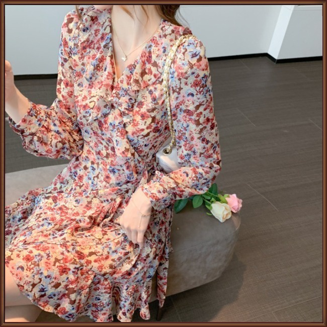 Đầm Chữ A Tay Dài Cổ Chữ V Eo Cao In Họa Tiết Hoa Thời Trang Sang Trọng Cho Nữ