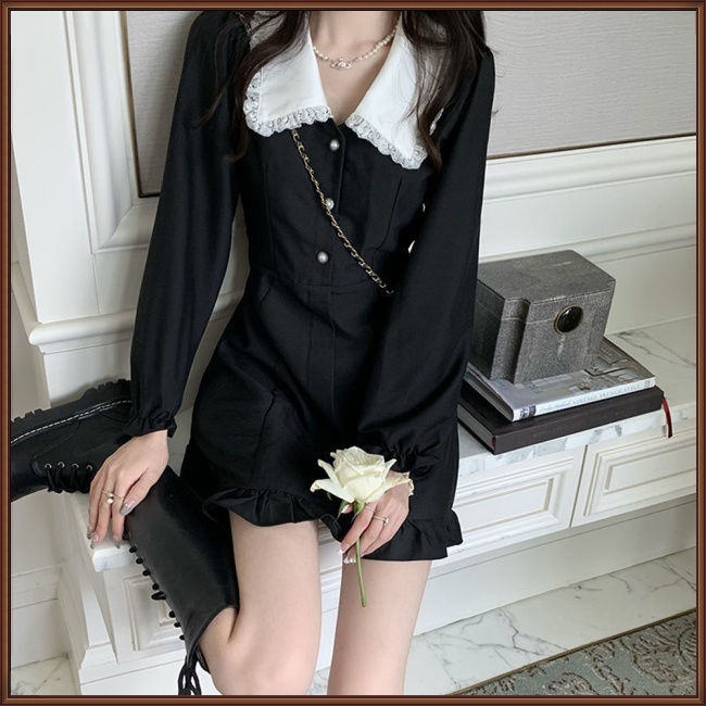 Đầm Ngắn Tay Dài Cổ Búp Bê Màu Sắc Trơn Dáng Ôm Gợi Cảm Cho Nữ