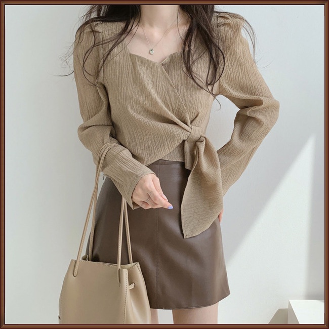 Áo Kiểu Tay Phồng Dài Cổ Vuông Màu Sắc Đơn Giản Thời Trang Cho Nữ